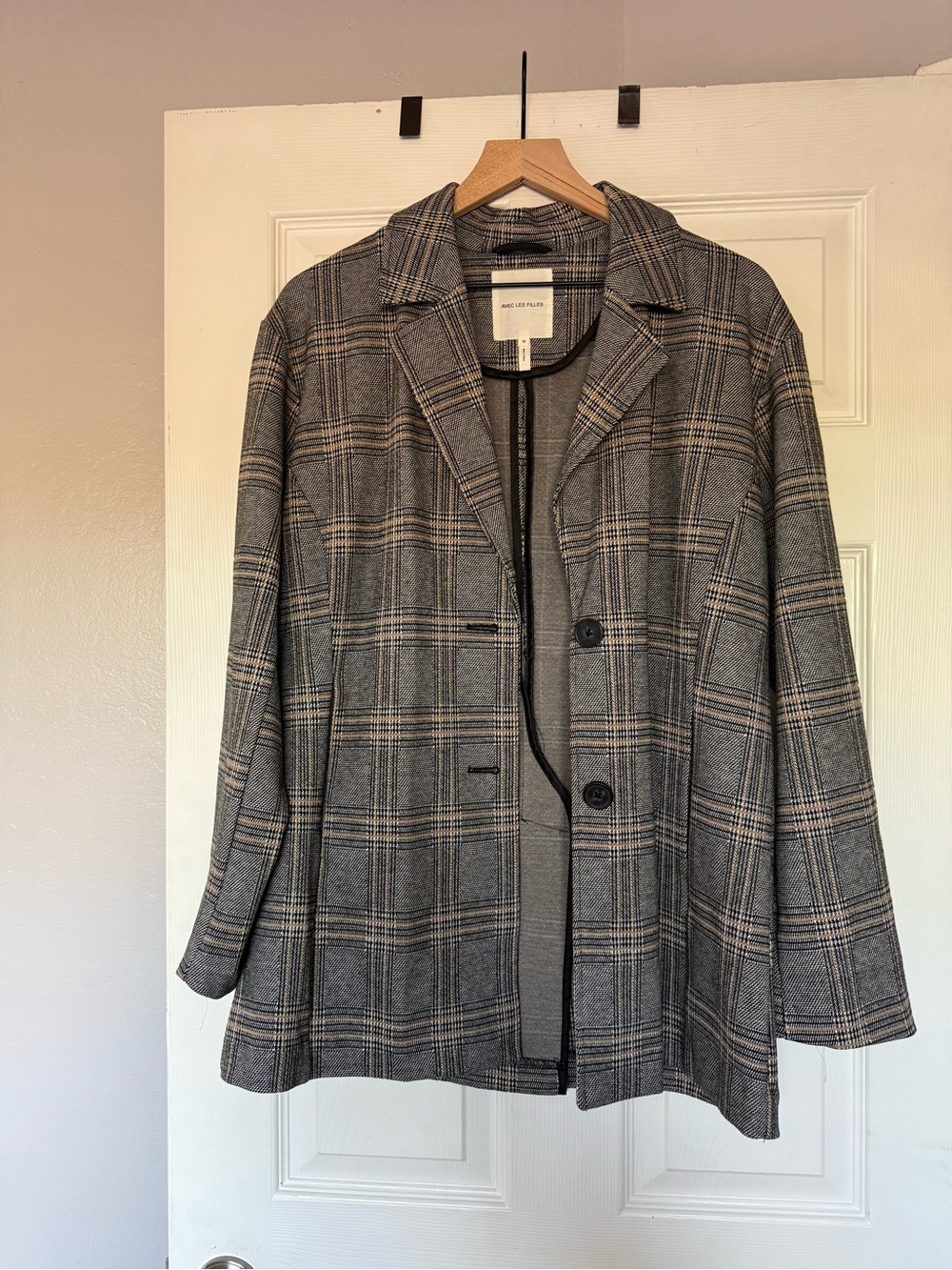 Avec Les Filles Gray Plaid Notch-Lapel Blazer
